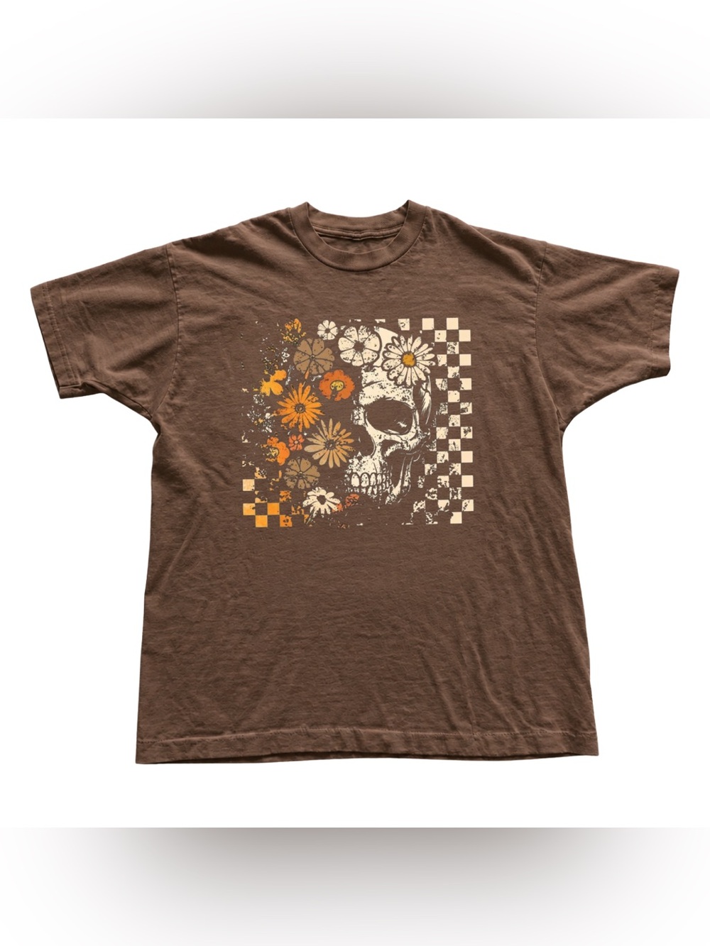 Brownsavana Skull & Floral Graphic Tee with Orange Accents